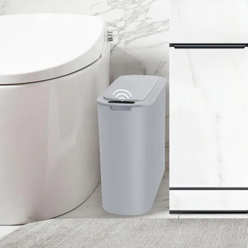 TIPGO - Cubo de basura automático con sensor de movimiento para baño con tapa, basurero táctil de 2.6 galones, papelera de plástico delgada y Gris