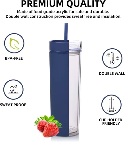 Miniatura 2 de Volhoply Vasos delgados de plástico de 20 onzas a granel, paquete de 10 unidades, vaso de doble pared con tapa y pajilla, tazas de café helado Azul