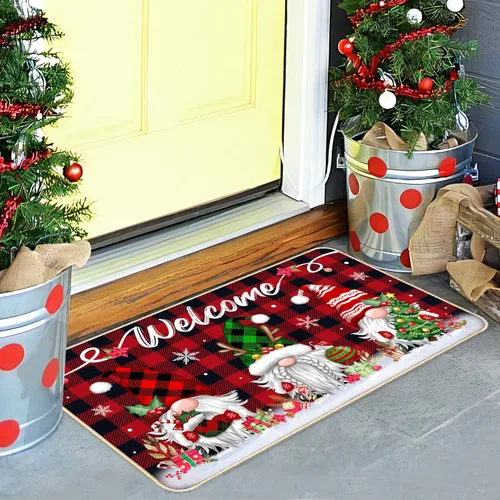 Miniatura 5 de TREWAVE Tapete Decorativo de Bienvenida Navideño Tapete de Puerta con Gnomo Navideño Base Antideslizante de Goma Tapete de Piso Estacional