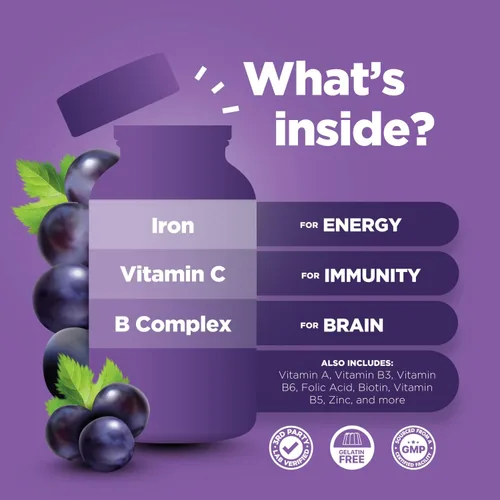 Miniatura 3 de Gomitas de hierro multivitamínico natural para adultos, vitaminas gomosas para adultos con hierro y vitaminas del complejo B que aumentan