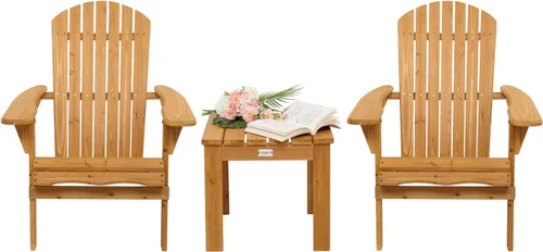 VINGLI Juego de 2 sillas Adirondack plegables de madera y juego de mesa, diseño ergonómico para fogata, tumbona plegable para patio al aire libre,
