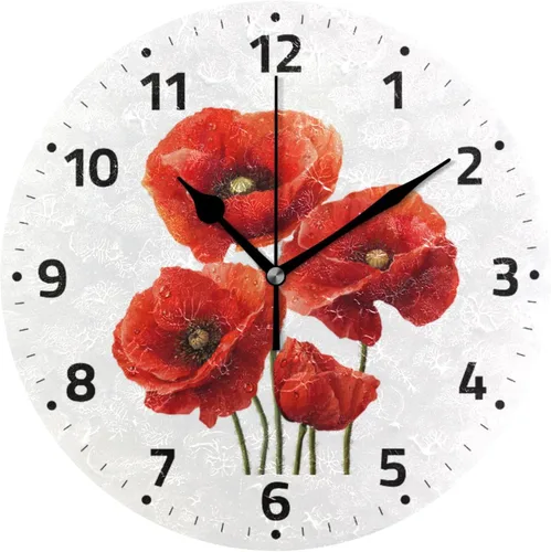 Reloj de pared con diseño de flores de amapola roja, funciona con pilas, silencioso, sin tictac, de cuarzo, silencioso, para dormitorios, cocina,