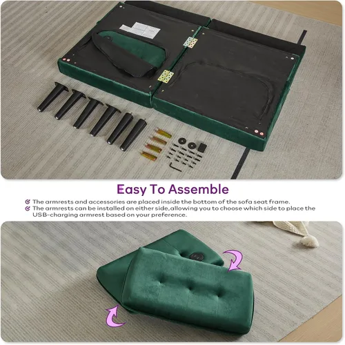 Miniatura 7 de TYBOATLE Sofá Cama Futón Plegable Convertible Moderno de Terciopelo de 65" de Ancho con 2 Puertos de Carga USB y Brazos, Sofá de Dos Plazas