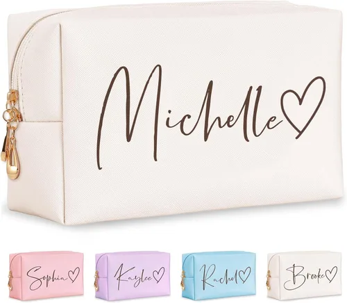 Miniatura 11 de Bolsa de maquillaje personalizada con nombre y flor de nacimiento, bolsas de cosméticos de cuero personalizadas para mujeres, bolsa de aseo de viaje
