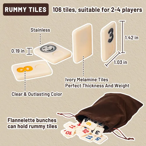 Miniatura 4 de Extguds Deluxe Rummy Cube Juego de 106 fichas, juego clásico de madera, con 4 bastidores de madera hechos a mano, bolsa de lona portátil, juego