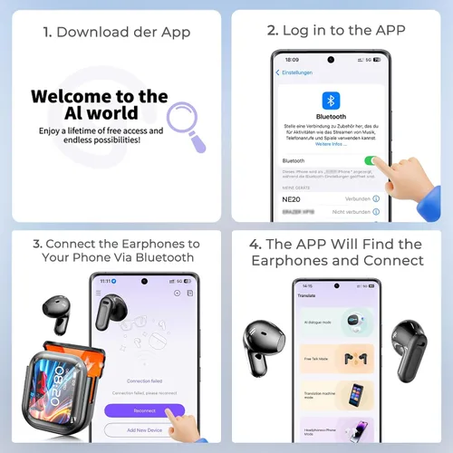 Miniatura 9 de NE20 Auriculares de traducción AI en 135 idiomas en tiempo real de 2 vías con traductor de voz, Bluetooth 6.0 comodidad de oído abierto, música