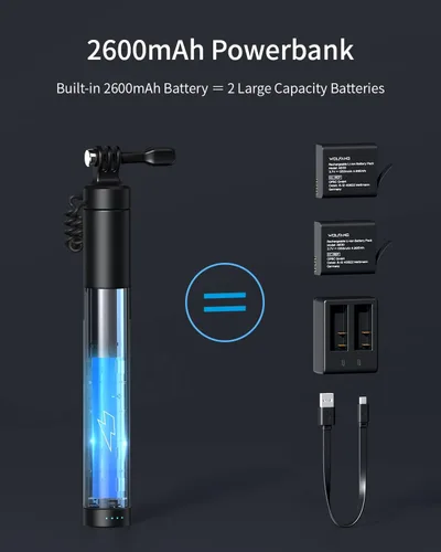 Miniatura 2 de WOLFANG GB2200 Palo selfie recargable con batería recargable de 2600 mAh, cámara de acción de rotación negra para selfie, compatible con otras
