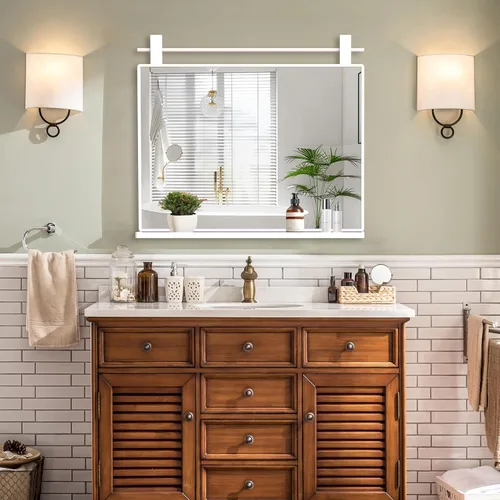 Miniatura 7 de ANYHI Espejos de baño para pared, espejo de pared de metal con estante, perfecto para sala de estar, dormitorio, entrada, rectangular, vertical Negro