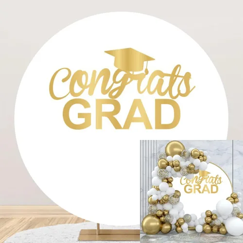 Congrats Grad - Fondo redondo de 3 x 3 pies, diseño de gabardina para graduación, color blanco y dorado, felicitaciones, graduados, decoración de