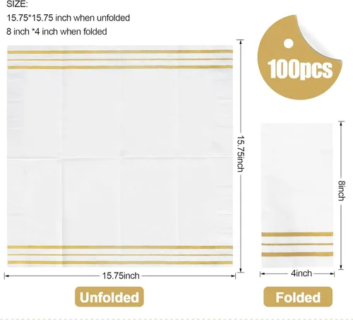 Miniatura 3 de 100 piezas de servilletas blancas y doradas, servilletas de papel para cena, toallas de mano desechables para baño, servilletas suaves