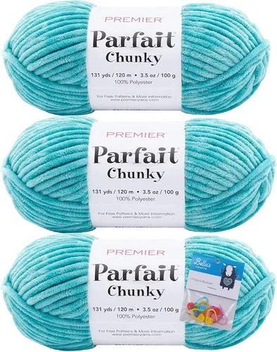 Premier Yarns Parfait - Ovillo de felpilla grueso, 3.5 onzas, 6 unidades supervoluminosas, paquete de 3 unidades con soportes para lugares de Lagoon