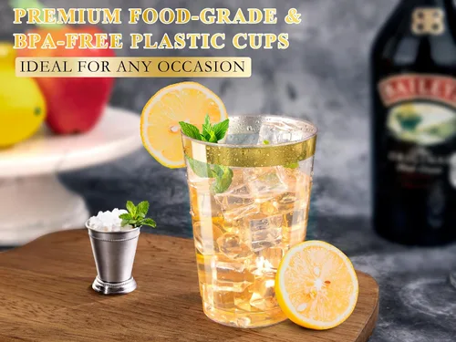 Miniatura 8 de Ciaell 120 vasos de plástico dorados – Vaso de plástico resistente de 12 onzas – Vasos desechables con borde dorado – Copa de borde dorado de alta