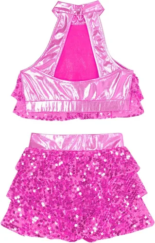 Miniatura 6 de YiZYiF Conjunto de 2 piezas de baile con lentejuelas para niñas y niñas, top corto metálico con falda, disfraz de baile latino de jazz