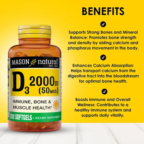 Miniatura 2 de MASON NATURAL Vitamina D3 2,000 UI Ultra Fuerza, Apoya la Densidad Ósea, Fuerza y Salud Inmune, 300 Cápsulas Blandas