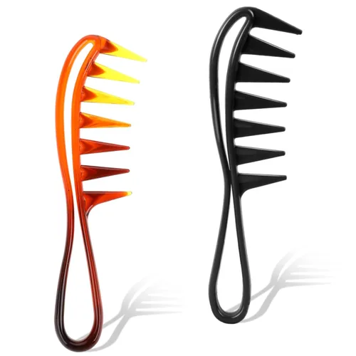 Miniatura 10 de Peine de dientes anchos para rizos, 2 peines de dientes grandes, peines de dientes de tiburón, peine de pelo de plástico duradero, peine de Ámbar