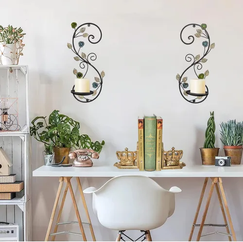 Miniatura 5 de Juego de 2 candelabros de pared, diseño de ramas de hojas multicolor antiguas, soporte de pared de metal para colgar velas para sala de estar