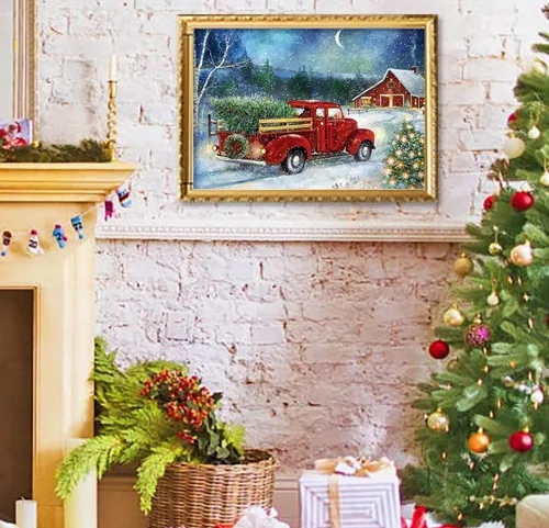 Miniatura 3 de RUIHA Kit de pintura de diamantes de Navidad, kit de arte de diamantes de invierno para adultos, pintura 5D de camión rojo con taladro completo