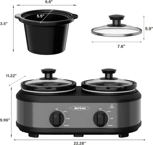 Miniatura 6 de Sunvivi Olla de cocción lenta doble, servidores de buffet y calentador con 2 ollas de cerámica extraíbles, calentador de alimentos de cocción lenta