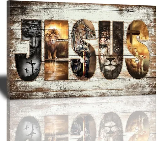 Miniatura 12 de Póster en lienzo con imágenes de Jesús, león y cordero, impresión en lienzo con texto en inglés "God Bible Christian Religios" para pared, pintura