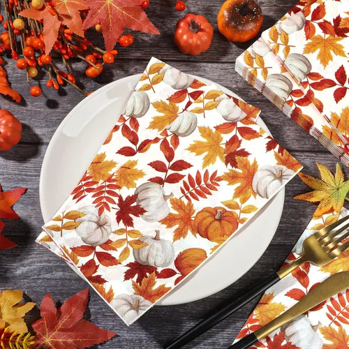 Miniatura 5 de 120 servilletas de papel de otoño con hojas de arce y calabaza, servilletas decorativas de otoño, toallas de mano desechables para Acción