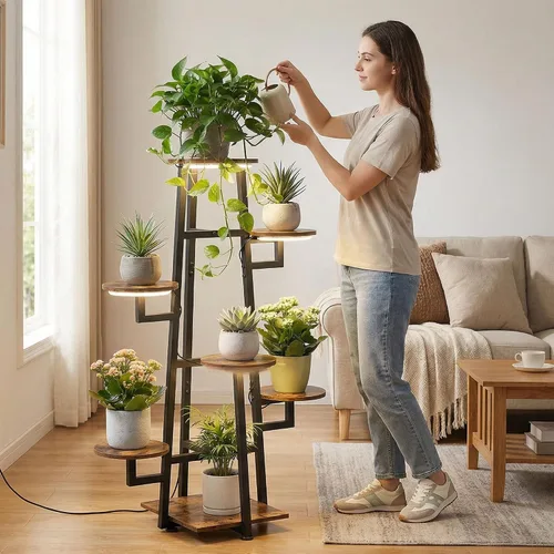 Miniatura 8 de Soporte para plantas de 7 niveles para interiores con luz de cultivo para múltiples plantas Corner Flower Stand, Vintage Multi-Layer Design