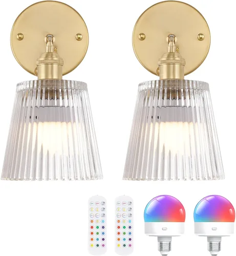 Miniatura 32 de Shenmoyl Juego de 2 apliques de pared vintage con pantalla de vidrio a rayas ámbar, apliques de latón ajustables de 180 grados, con cable de Raya