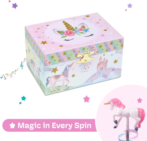 Miniatura 6 de Jewelkeeper - Joyero musical para niñas con unicornio giratorio, caja de música con diseño de arcoíris y estrellas con purpurina para collares