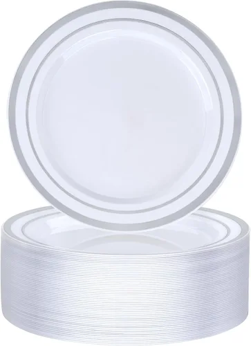 Miniatura 9 de BESTVIP 100 platos de postre de plástico transparente de 7 pulgadas, pequeño plato desechable para ensalada con borde dorado, platos pequeños