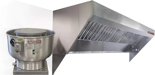 El sistema de campana de escape de perfil bajo para camiones de alimentos incluye una campana de escape de acero inoxidable, un ventilador de