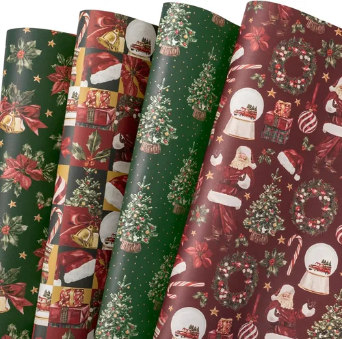 Miniatura 18 de WRAPAHOLIC Hoja de papel de regalo de Navidad, 12 hojas de diseño de árbol de Navidad rosa y casa, plegada plana con 12 etiquetas de regalo
