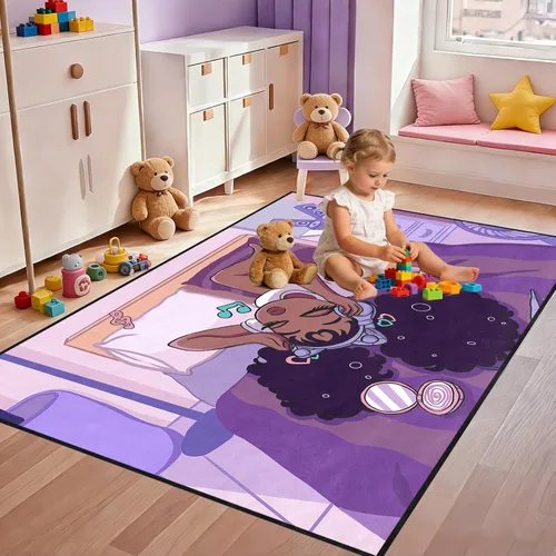 Miniatura 7 de Alfombra de área para dormitorio de niñas negras africanas, alfombra para sala de estar, sala de juegos, azul, lindo anime de dibujos animados