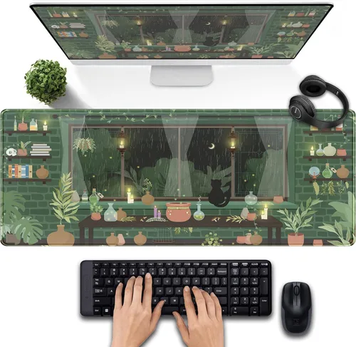 Miniatura 16 de Tapete de escritorio de bosque anime, lindo tapete de mouse verde, tapete de escritorio completo Kawaii estético XXL para juegos Mousemat XL