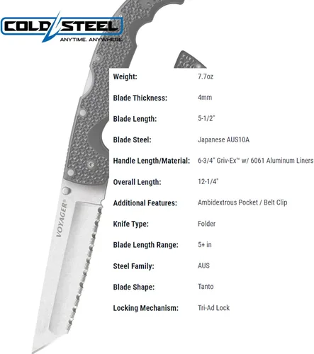 Miniatura 5 de COLD STEEL XL Voyager - Cuchillo plegable táctico de 5.5 pulgadas AUS10A de 5.5 pulgadas con mango Griv-Ex de 6.75 pulgadas, con bloqueo Tri-Ad