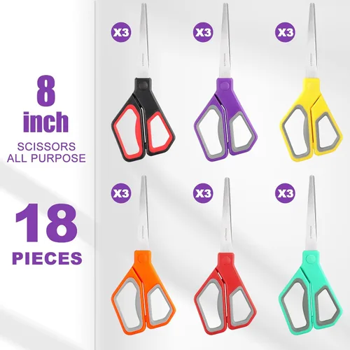 Miniatura 9 de BURVAGY Paquete de 18 tijeras de 8 pulgadas para todo uso, tijeras resistentes con cuchillas ultra afiladas, mangos de agarre cómodo - para oficina