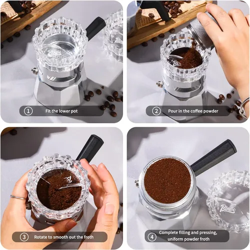 Miniatura 5 de Bincoo Moka - Dispensador de ollas con 100 piezas de papel de filtro, relleno de polvo giratorio, taza receptora de polvo, embudo, accesorios