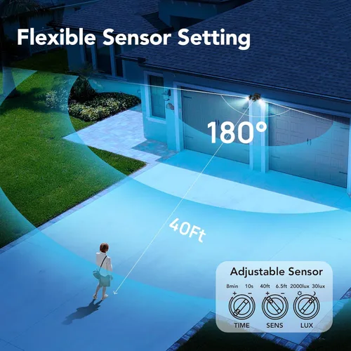 Miniatura 7 de OREiN Luz de seguridad con sensor de movimiento para exteriores, luz LED reflectora de doble cabeza ajustable, 3 modos