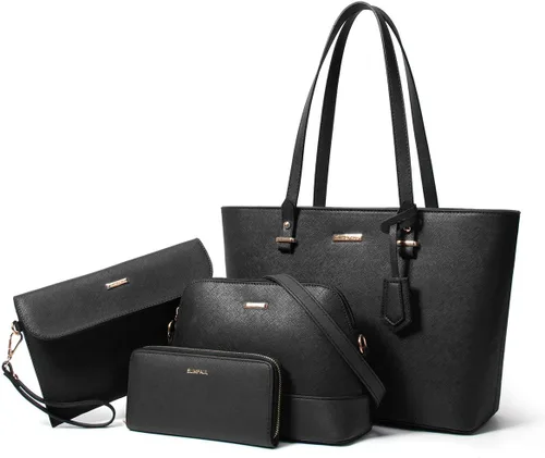 Miniatura 78 de Juego de 4 bolsas modernos para mujer de cuero sintético: bolso tote, bolso de hombro, bolso de mano y cartera.