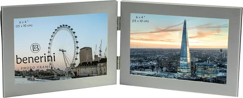 Miniatura 8 de benerini Marco de fotos plegable doble de aluminio cepillado de color plateado satinado para 2 fotos, incluye 2 fotografías estándar de 6 x 4