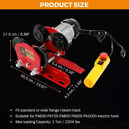 Miniatura 5 de BEAMNOVA Carretilla eléctrica de 1 tonelada 2204 libras para polipasto eléctrico, ajuste de 2.68-4.33 pulgadas I-Beam, para PA600 PA700 PA800 PA900