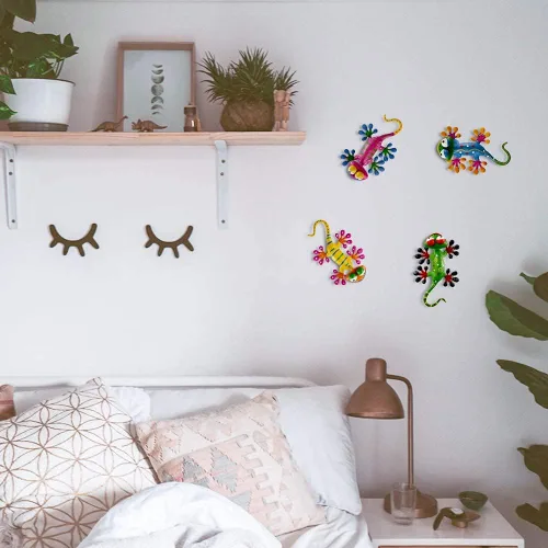 Miniatura 6 de hogardeck Gecko - Decoración de pared de metal para exteriores, paquete de 4 esculturas y estatuas de jardín de lagarto con cabeza agitada