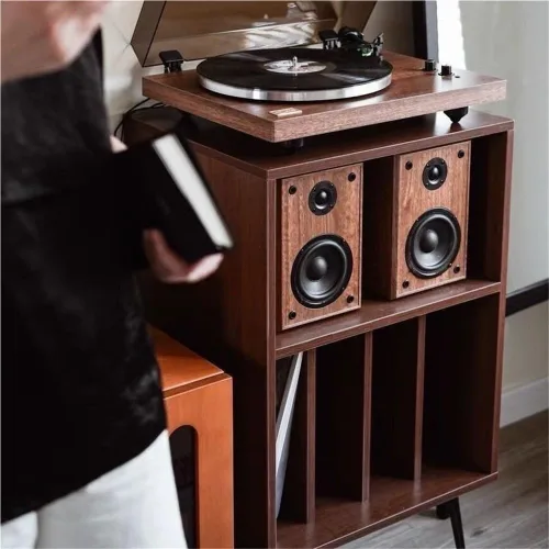 Miniatura 7 de Soporte para tocadiscos de madera, mesa de tocadiscos de gran capacidad, gabinete de almacenamiento abierto para medios, adecuado para sala
