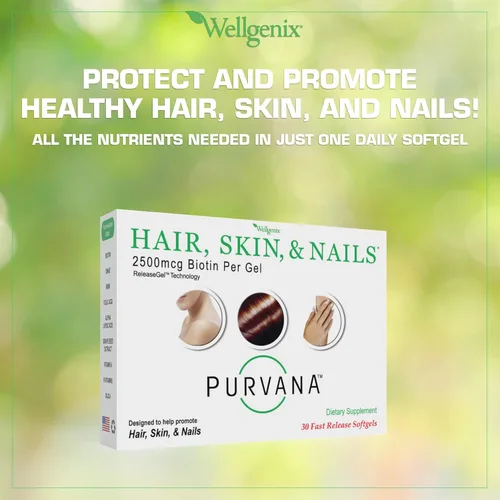 Miniatura 5 de Wellgenix Purvana Suplemento para la piel y las uñas – 2500 mcg de biotina cápsulas blandas con MSM y complejo B – Soporte diario de belleza