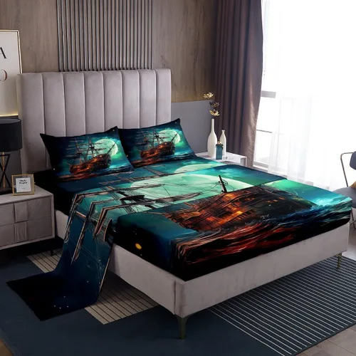 Miniatura 34 de Erosebridal Juego de sábanas de ballena náutica, tamaño individual, juego de ropa de cama vintage azul con ondas oceánicas para niños y niñas