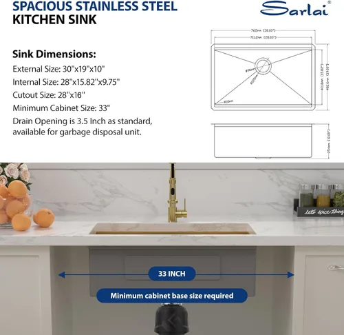 Miniatura 6 de Sarlai Fregadero de cocina empotrado de 30 pulgadas dorado - Fregadero de cocina de 76,2 cm x 45,7 cm con repisa para estación de trabajo de acero