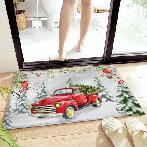 Miniatura 7 de Alfombra de baño esponjosa para camión rojo, cardenal de Navidad, antideslizante, alfombra suave para piso, árbol de Navidad, conos de pino, nieve