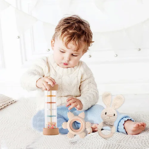 Miniatura 5 de Youuys Juego de sonajeros de madera para bebés (3 piezas) – Sonajero de ganchillo, juguete Montessori de madera para bebé recién nacido, sonajeros