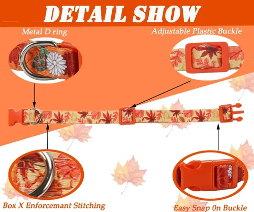 Miniatura 2 de Collar de otoño para perros pequeños, paquete de 2 collares de perro de Acción de Gracias con patrón de arce y flores, ajustable y suave de llevar