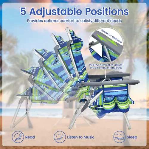 Miniatura 4 de Tangkula Juego de 2 Sillas de Playa con Mochila, Sillas de Playa Reclinables de 5 Posiciones que se Recuestan Completamente con Bolsa Refrigeradora