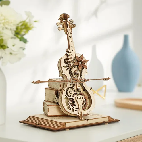 Miniatura 6 de ROKR Juego de rompecabezas de madera 3D para adultos, globo luminoso, caja de música Orrey y caja de música para violonchelo, regalo único