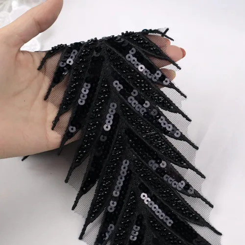 Miniatura 3 de Cinta de encaje con cuentas de encaje negro apliques de lentejuelas encaje de malla de flecha de encaje para coser, decoración de ropa